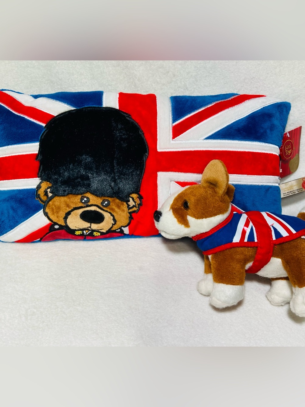 Keel Toys English Union Pillow + Corgi Union Jack Coat England Themed Plushes